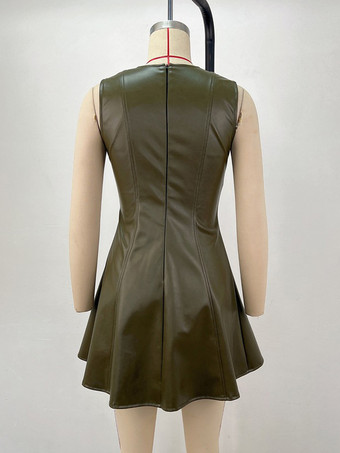 ノースリーブ オリーブ フェイクレザー パネル プリーツ フィット＆フレア ミニドレス レディース 2026