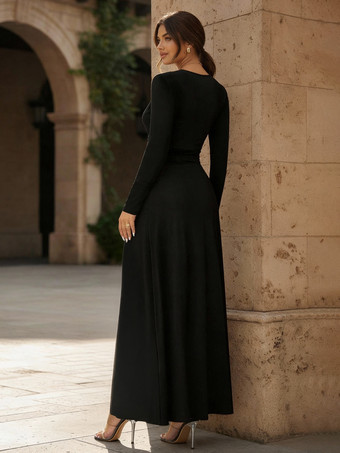 深めのVネック、ルーシュウエストスリット入り、長袖マキシワンピース（レディース）2026