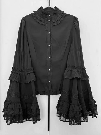 Camicette Gothic Lolita Top Lolita nero a maniche lunghe Camicia Lolita in pizzo con volant