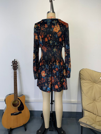 ヴィンテージ スモックウエスト Vネック 長袖 花柄 ミニドレス レディース 2026