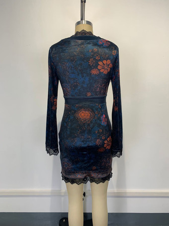 レーストリム フローラルプリント ベルベット Vネック ボディコン 長袖 ミニドレス レディース 2026