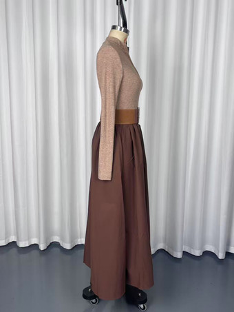 ハーフジップ リブニット パッチワーク ベルト付き 長袖 Aライン マキシドレス レディース 2026