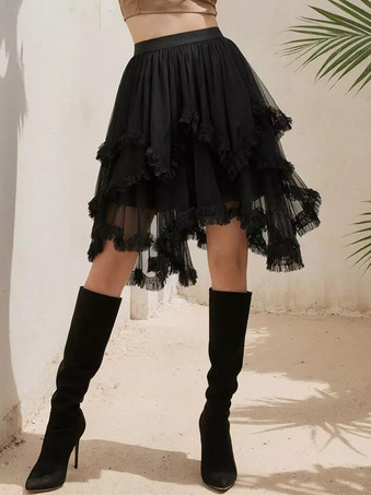 SchwarzStufenrock aus Rüschennetz mit unregelmäßigem High-Low-Schnitt Gothic-Lolita-Stil für Damen 2026