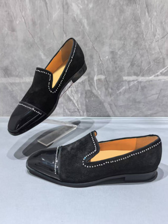 メンズ プロムシューズ スクエアトゥ ラインストーン パッチワーク スリッポン ローファー ドレスシューズ