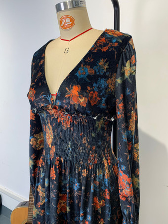 ヴィンテージ スモックウエスト Vネック 長袖 花柄 ミニドレス レディース 2026