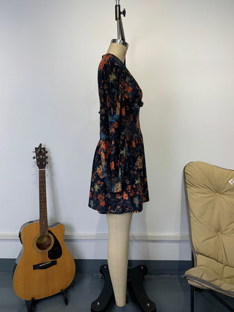 ヴィンテージ スモックウエスト Vネック 長袖 花柄 ミニドレス レディース 2026