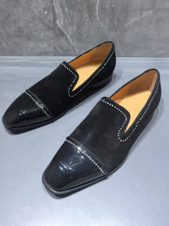 メンズ プロムシューズ スクエアトゥ ラインストーン パッチワーク スリッポン ローファー ドレスシューズ