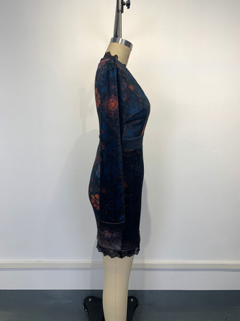 レーストリム フローラルプリント ベルベット Vネック ボディコン 長袖 ミニドレス レディース 2026