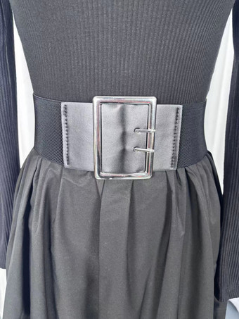 ハーフジップ リブニット パッチワーク ベルト付き 長袖 Aライン マキシドレス レディース 2026