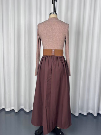 ハーフジップ リブニット パッチワーク ベルト付き 長袖 Aライン マキシドレス レディース 2026