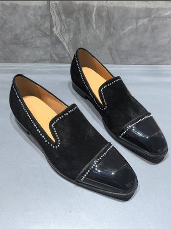 メンズ プロムシューズ スクエアトゥ ラインストーン パッチワーク スリッポン ローファー ドレスシューズ