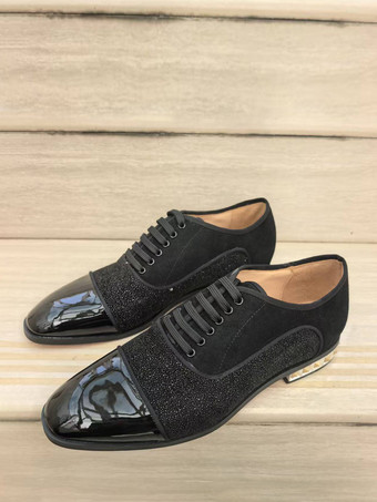 メンズ ブラック ドレスシューズ ラインストーン パッチワーク レースアップ プロム ウェディングシューズ