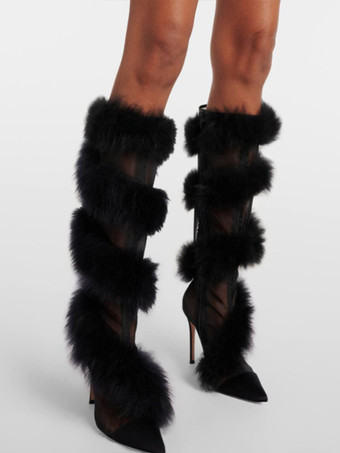 Deep GrayBlack Over The Knee Boots Faux Fur Detail High Heel Sexy Over The Knee Boots