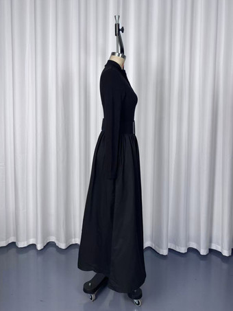 ハーフジップ リブニット パッチワーク ベルト付き 長袖 Aライン マキシドレス レディース 2026