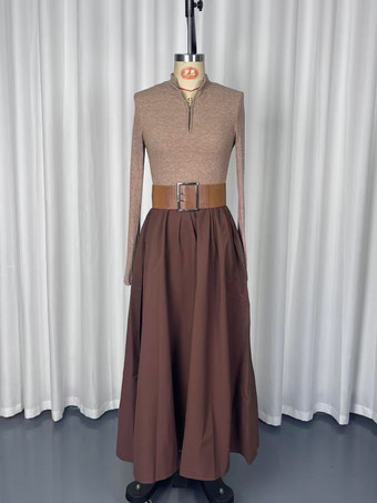 ハーフジップ リブニット パッチワーク ベルト付き 長袖 Aライン マキシドレス レディース 2026