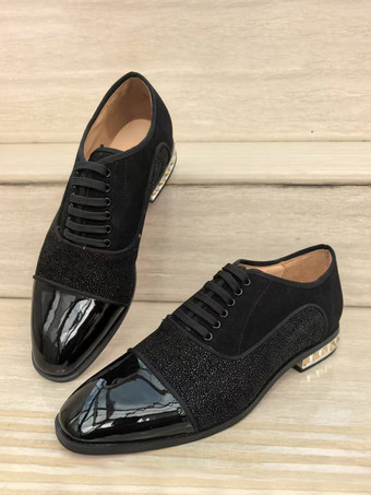 メンズ ブラック ドレスシューズ ラインストーン パッチワーク レースアップ プロム ウェディングシューズ