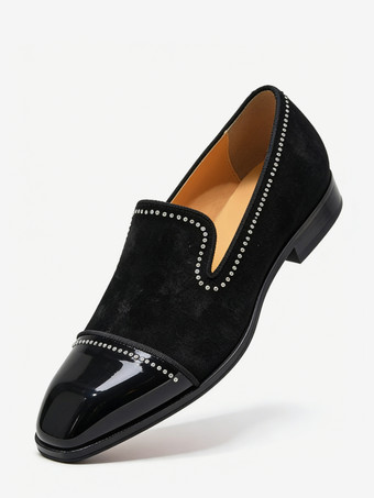 メンズ プロムシューズ スクエアトゥ ラインストーン パッチワーク スリッポン ローファー ドレスシューズ