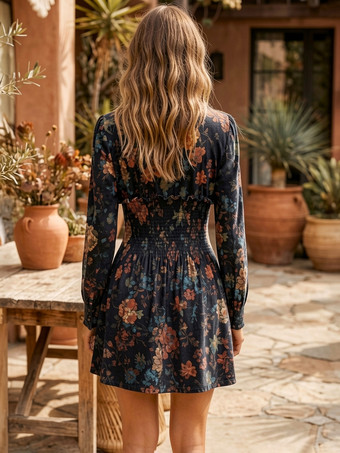 ヴィンテージ スモックウエスト Vネック 長袖 花柄 ミニドレス レディース 2026