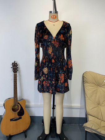 ヴィンテージ スモックウエスト Vネック 長袖 花柄 ミニドレス レディース 2026