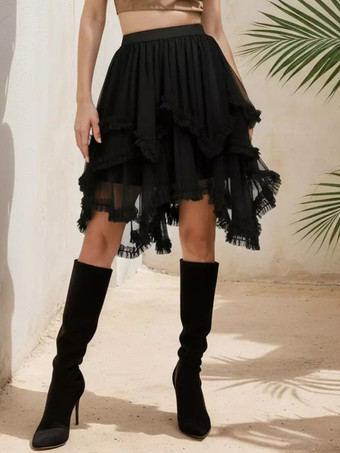 Stufenrock aus Rüschennetz mit unregelmäßigem High-Low-Schnitt Gothic-Lolita-Stil für Damen 2026