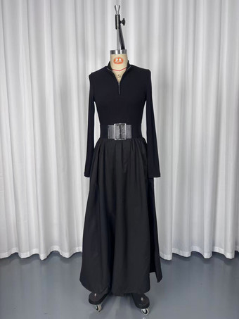 ハーフジップ リブニット パッチワーク ベルト付き 長袖 Aライン マキシドレス レディース 2026