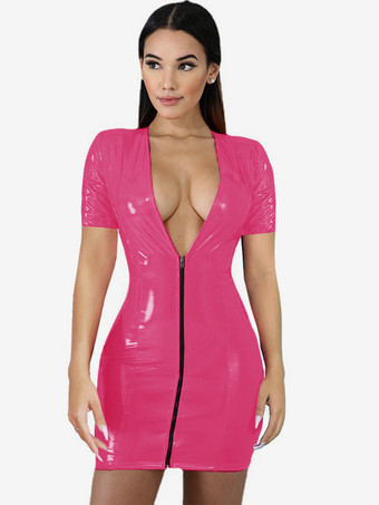 ピンク女性のためのクラブ ドレス V ネック セクシーなジッパー半袖 PU レザー赤のセクシーなドレス