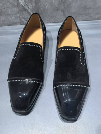 メンズ プロムシューズ スクエアトゥ ラインストーン パッチワーク スリッポン ローファー ドレスシューズ