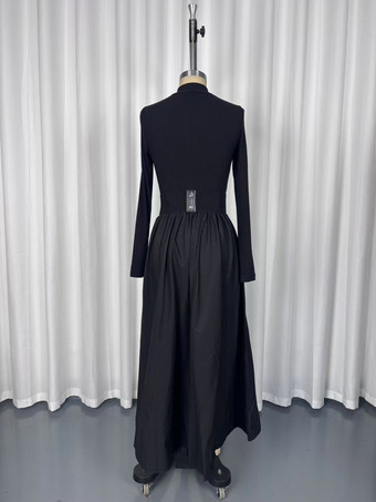 ハーフジップ リブニット パッチワーク ベルト付き 長袖 Aライン マキシドレス レディース 2026