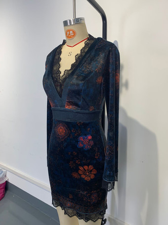 レーストリム フローラルプリント ベルベット Vネック ボディコン 長袖 ミニドレス レディース 2026