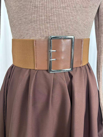 ハーフジップ リブニット パッチワーク ベルト付き 長袖 Aライン マキシドレス レディース 2026