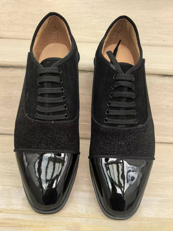 メンズ ブラック ドレスシューズ ラインストーン パッチワーク レースアップ プロム ウェディングシューズ