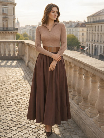 ブラウンハーフジップ リブニット パッチワーク ベルト付き 長袖 Aライン マキシドレス レディース 2026