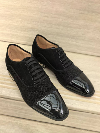 メンズ ブラック ドレスシューズ ラインストーン パッチワーク レースアップ プロム ウェディングシューズ