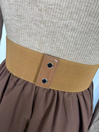 ハーフジップ リブニット パッチワーク ベルト付き 長袖 Aライン マキシドレス レディース 2026