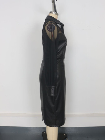 Abito midi slim fit con maniche a sbuffo scollo a V e patchwork in rete in similpelle nero per donna 2026