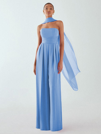 Bleu Ciel ClairRobe de soirée en mousseline de soie plissée combinaison sans bretelles longueur au sol sans manches fermeture éclair robes de soirée formelles