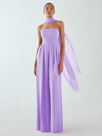 LilasRobe de soirée en mousseline de soie plissée combinaison sans bretelles longueur au sol sans manches fermeture éclair robes de soirée formelles