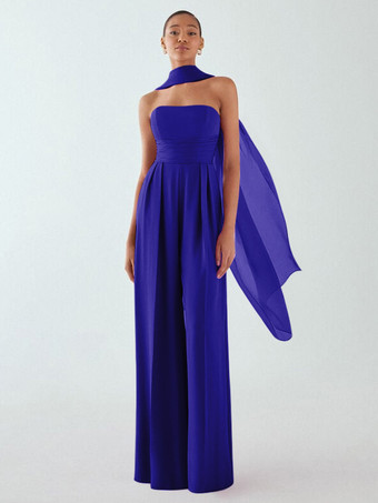 Royal BleuRobe de soirée en mousseline de soie plissée combinaison sans bretelles longueur au sol sans manches fermeture éclair robes de soirée formelles