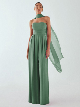 Vert CendréRobe de soirée en mousseline de soie plissée combinaison sans bretelles longueur au sol sans manches fermeture éclair robes de soirée formelles