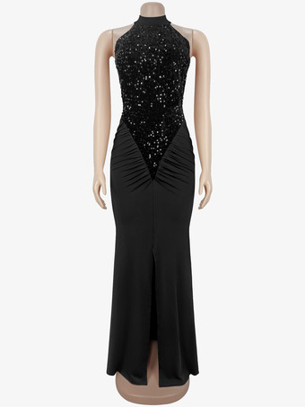 Paillettenbesetztes langes Abendkleid mit Neckholder geraffter Taille und hohem Schlitz für Damen (2026)