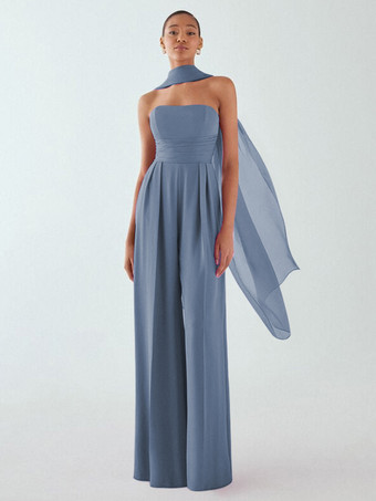 bleu-gris Robe de soirée en mousseline de soie plissée combinaison sans bretelles longueur au sol sans manches fermeture éclair robes de soirée formelles