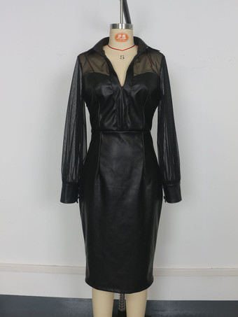 Abito midi slim fit con maniche a sbuffo scollo a V e patchwork in rete in similpelle nero per donna 2026