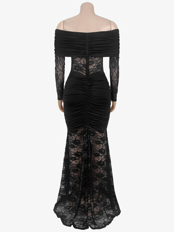 オフショルダー ルーシュ レース シアーパネル スリムフィット フィッシュテール ロングガウン レディース 2026