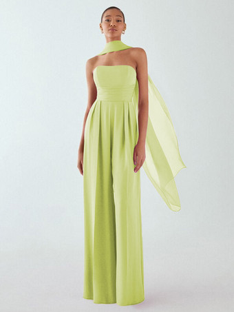 vert clair Robe de soirée en mousseline de soie plissée combinaison sans bretelles longueur au sol sans manches fermeture éclair robes de soirée formelles
