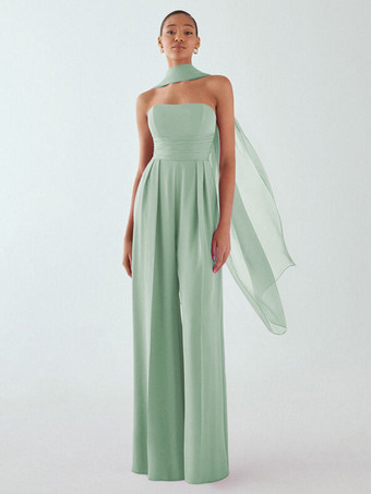 Pastel vertRobe de soirée en mousseline de soie plissée combinaison sans bretelles longueur au sol sans manches fermeture éclair robes de soirée formelles