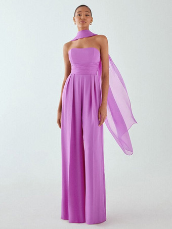 MagentaRobe de soirée en mousseline de soie plissée combinaison sans bretelles longueur au sol sans manches fermeture éclair robes de soirée formelles