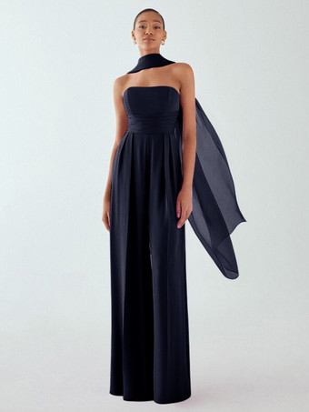 Bleu MarineRobe de soirée en mousseline de soie plissée combinaison sans bretelles longueur au sol sans manches fermeture éclair robes de soirée formelles