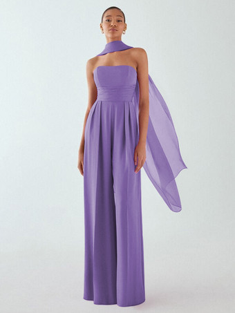 violet Robe de soirée en mousseline de soie plissée combinaison sans bretelles longueur au sol sans manches fermeture éclair robes de soirée formelles