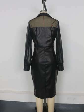 Abito midi slim fit con maniche a sbuffo scollo a V e patchwork in rete in similpelle nero per donna 2026