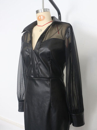 Abito midi slim fit con maniche a sbuffo scollo a V e patchwork in rete in similpelle nero per donna 2026